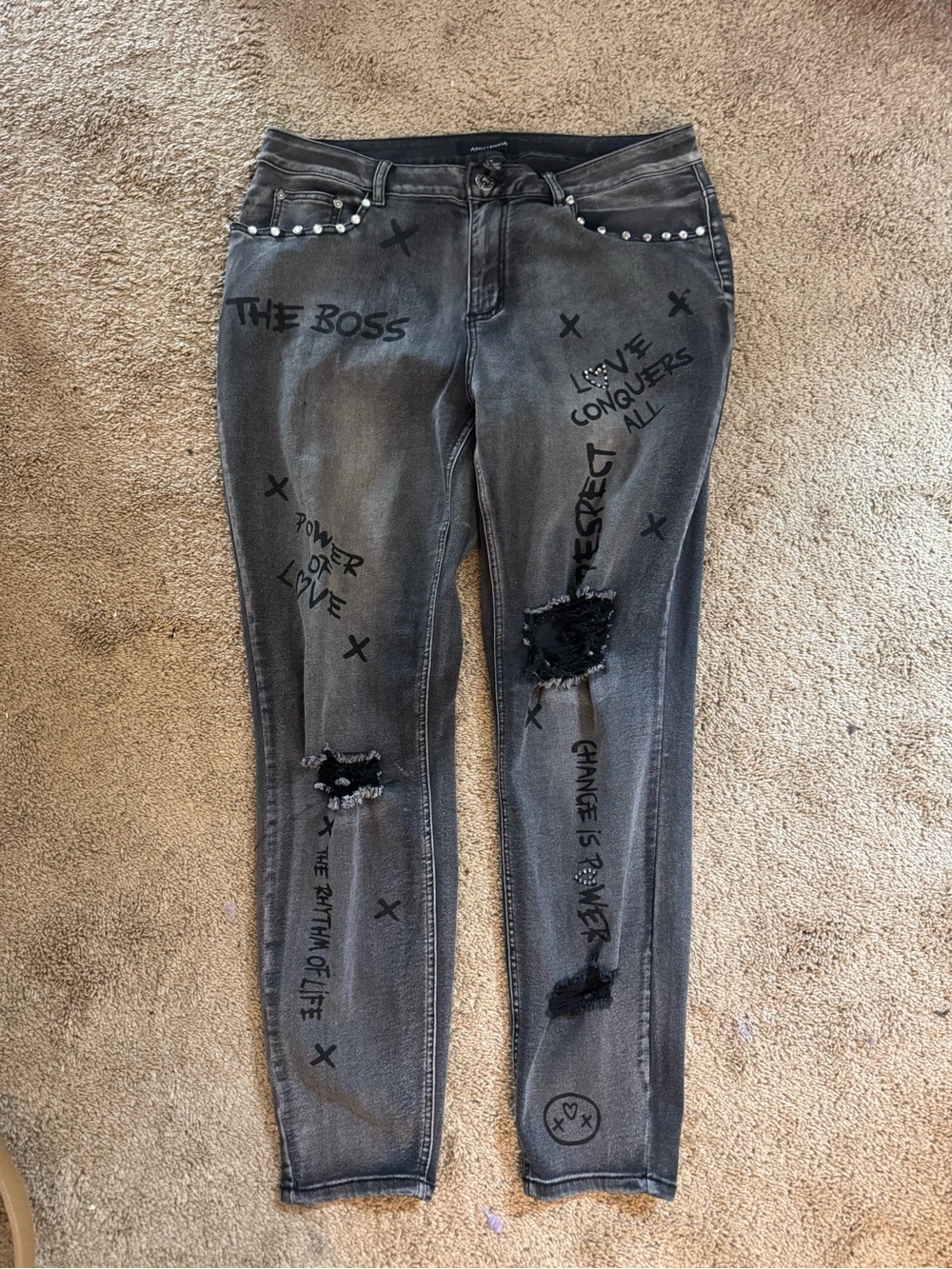 Ashley Stewart Black Distressed Graffiti Skinny Jeans